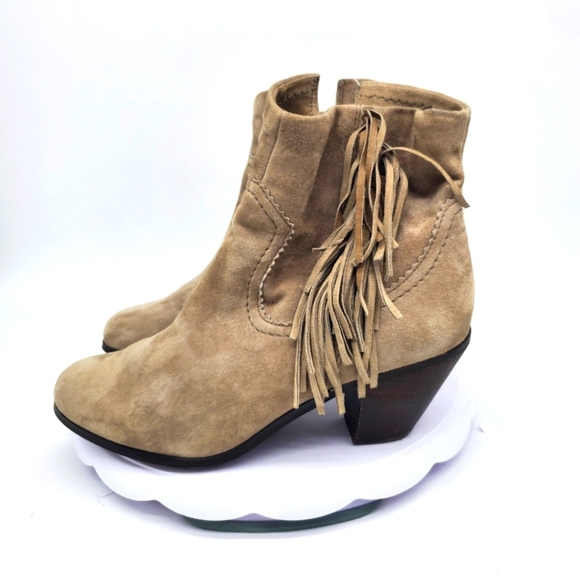 Sam Edelman Shoe Women's 10.5 Louie Tan Gray Letaher Fringe Zip Ankle Boots - Picture 1 of 11